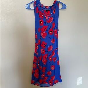 Blue Floral Sleeveless Dress with Red Poppy Print
